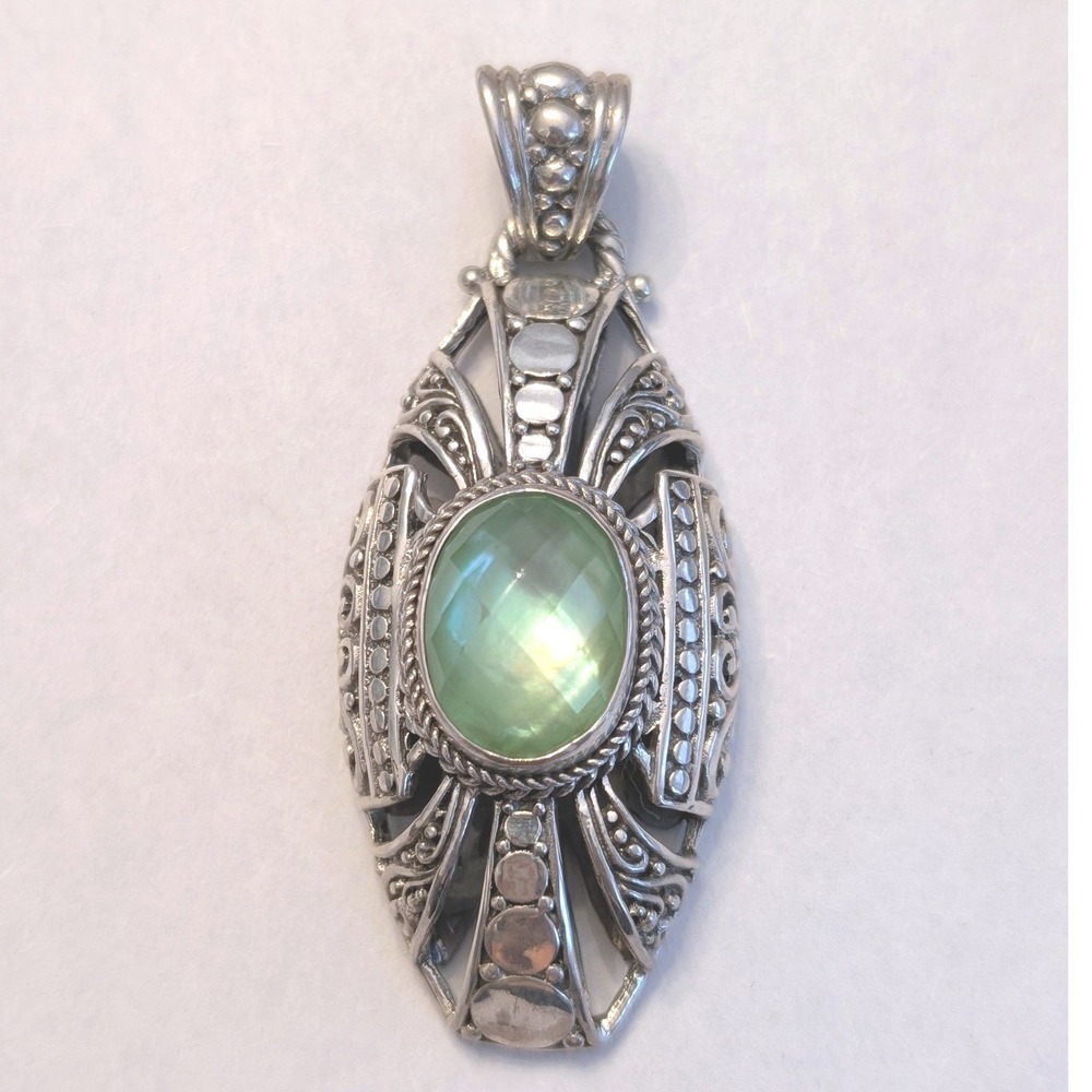Sarda 925 Sterling Silver Green Quartz Bali Filigree Artisan Pendant Indonesia